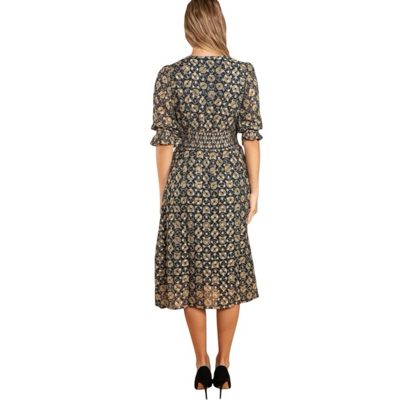 NWT RAGA Dress Midi Smocked Waist Metallic Gold Navy Current A-line Cocktail - Picture 5 of 16